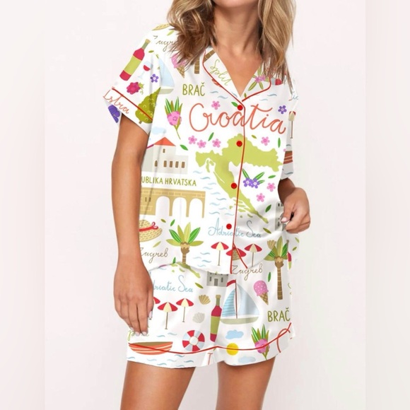 Women’s Croatia-Themed White Satin Pajama Set size small - Picture 2 of 4